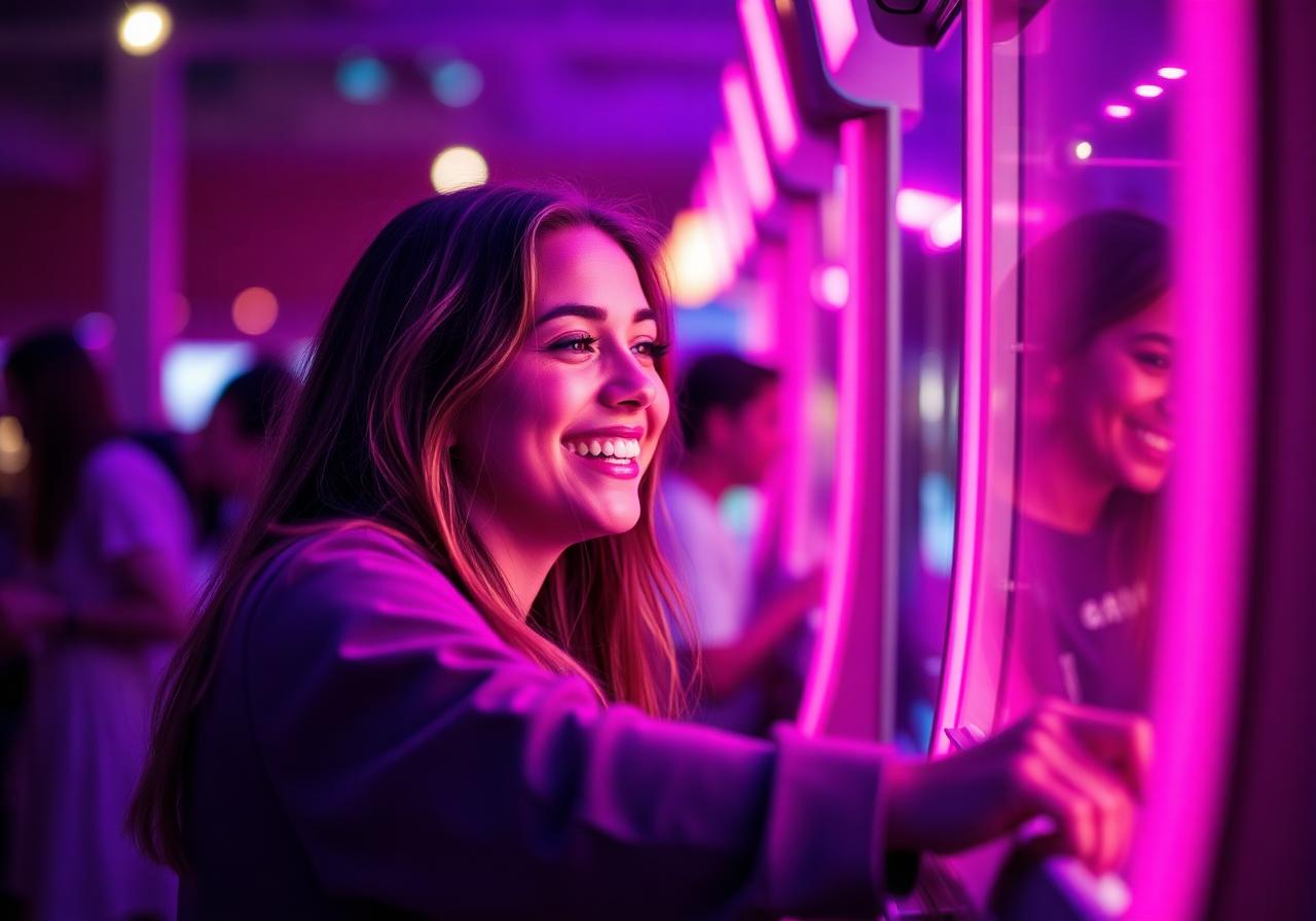 Mulher feliz jogando máquina de pelúcia em evento